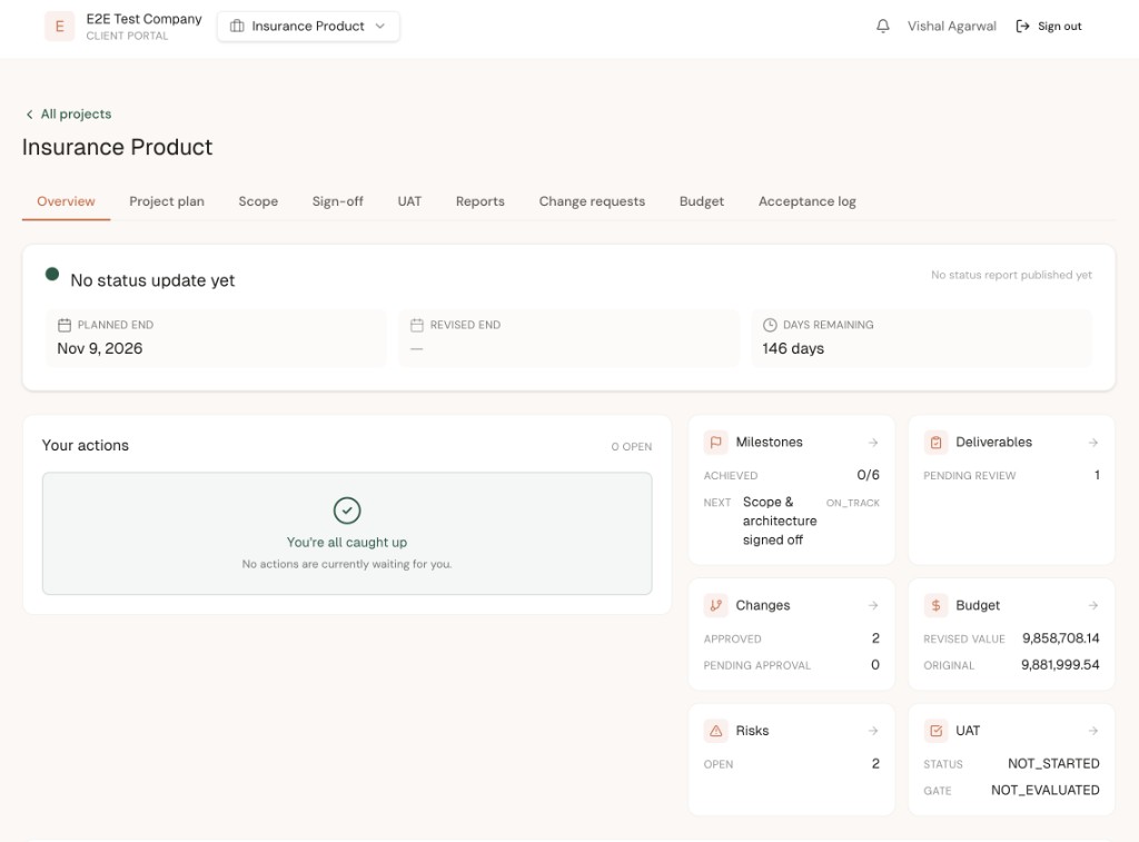 ScopeSure client portal showing project status, milestones, and budget overview