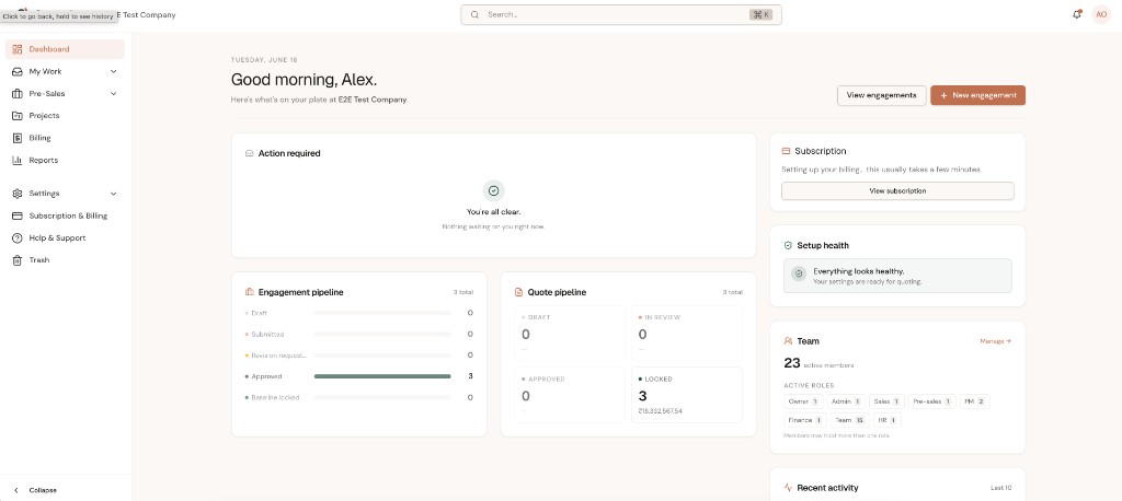 ScopeSure dashboard with engagement and quote pipelines